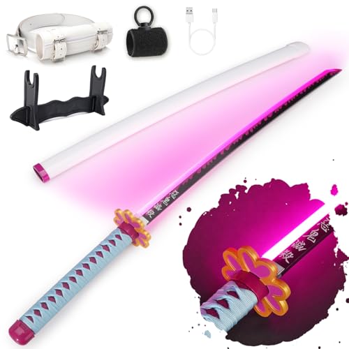 RENGENG Light Up Mitsuri Sword, 40 Inches Rechargeable Plastic Anime Replica with Belt & Stand, Original Texture Anime Sword