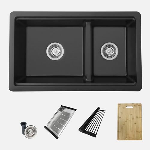 Image of Stylish 30 x 18 Inch Composite Granite Workstation Kitchen Sink, 60 /40 Double Bowl Under Mount & Drop in, 9.5 in Deep, Reversible, with Cutting Board, Colander, Colander & Strainer, Black, S-831WN