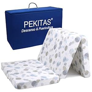 PEKITAS Colchón Cuna De Viaje Plegable 60x120 cm Altura 6 cm Incluye Bolsa Transporte Bebé Funda Desmontable Lavable Transpirable Estampado Globo Verdes