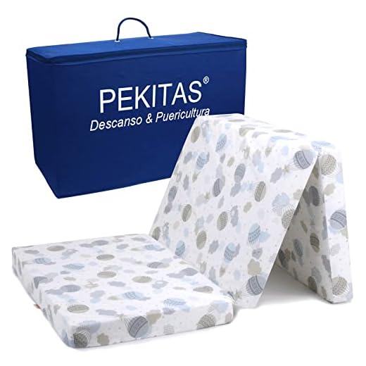 PEKITAS Colchón Cuna De Viaje Plegable 60x120 cm Altura 6 cm Incluye Bolsa Transporte Bebé Funda Desmontable Lavable Transpirable Estampado Globo Verdes