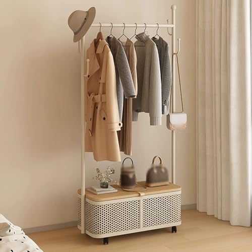 Porte-manteau sur pied pour entrée jaune avec panier de rangement