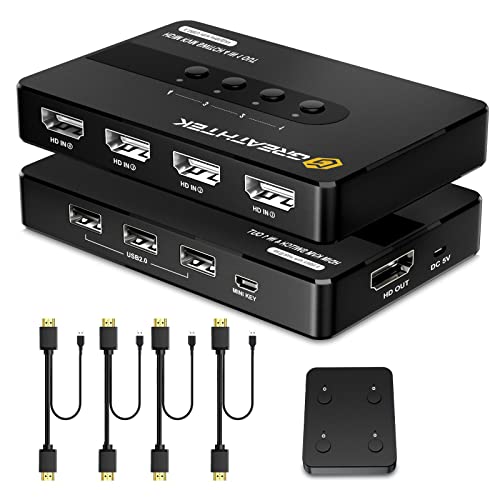GREATHTEK HDMI KVM Switch 4 Port 4K@30Hz, USB2.0, HDMI 1.4, HDCP 1.4 KVM Switch HDMI, Button Switch und Externe Steuertastatur KVM-Switches, Mit 4 HDMI-USB-Combo-Kabel und Nötige Kabel, Plug und Play Cover
