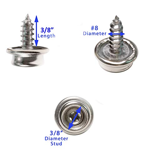 Boat Canvas Snaps 3/8" Inch Diameter, 8 X 3/8" Stainless Steel Screw (50 Pack), Corrosion Resistant Deep Cut Drive Coarse Threads Stud Snap By Bolt Dropper. #TOP6