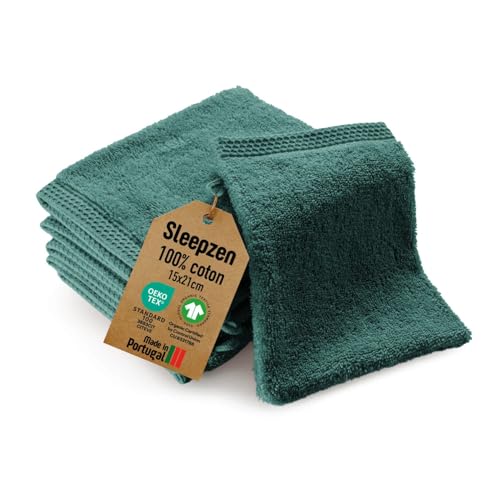 SLEEPZEN - Lot Gant de Toilette Coton Bio (Lot de 6 - Vert Teal) Certifié GOTS - 500 g/m² Certifié Oeko-Tex - Gants de Toilette Ultra-Absorbant - Extra Doux...