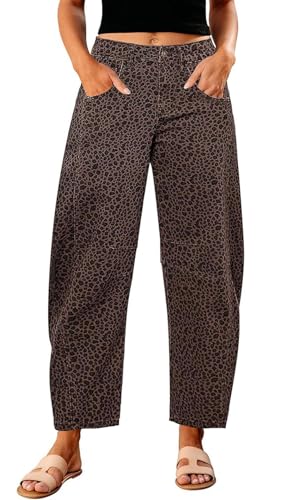 loveimgs Women Stretch Leopard Baggy Barrel Jeans Mid Rise Cheetah Print Jeans Boyfriend Wide Leg Cute Ankle Denim Pants Y2k