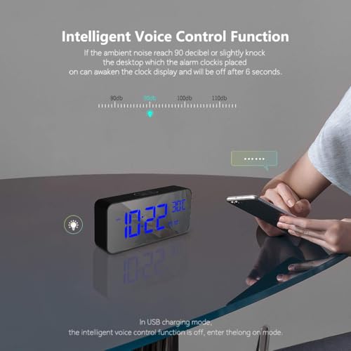 Image of Digital Alarm Clock with LED Display, Portable Mirror Alarm Clock with Double Alarm Snooze Time 4 Levels of Brightness Adjustable Dimmer 10 Music Charging Port