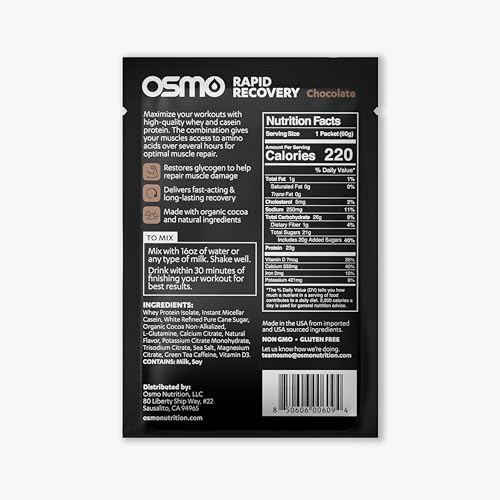 Image of Osmo Rapid Recovery - Whey & Micellar Casein Protein Powder Blend with Carbohydrates & Caffeine, All Natural Ingredients, Enables Muscle Repair & Boosts Glycogen Restoration - Combo Pack, 8 Servings