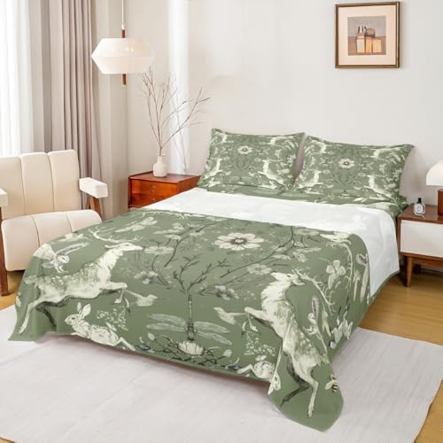 Homewish Rustic Farmhouse Animals Kids Sheet Full Size,Deer Owl Rabbit Dragonfly Insect Bedding Set, Daisy Flower Leaves Kids Room Decor,Baby Green Sheet(Fitted+Flat+2 Pillowcases)