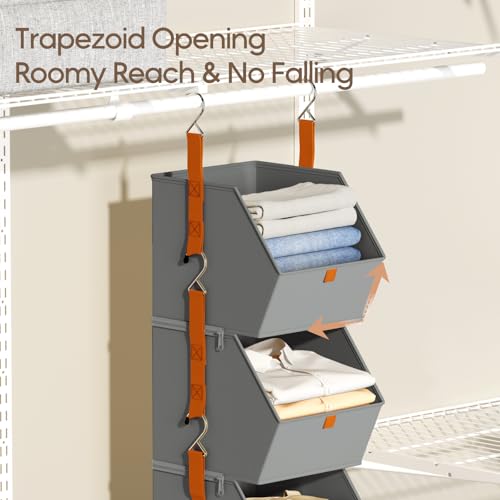 Image of Homsorout Collapsible Hanging Closet Organizer - 3 Tier Closet Shelves Storage System with Hooks, Fabric Hanging Storage Bins for Clothes, Foldable Storage Basket for Laundry, Bedroom, Rv, Grey