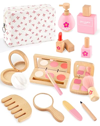 Wooden Pretend Makeup Kit for Kids Ages 3-5 Play Makeup Set
