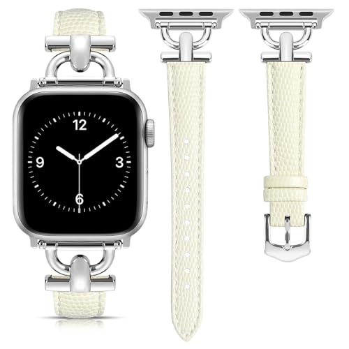 Image of Leather Band Compatible with Apple Watch Bands for Women, Dressy Fancy Strap for iWatch Series 11 /10 /9 /8 /7 /6 /5 /4 /3 /2 /1 /se /Ultra /Ultra 2(49mm 46mm 45mm 44mm 42mm,Milky White /Silver)