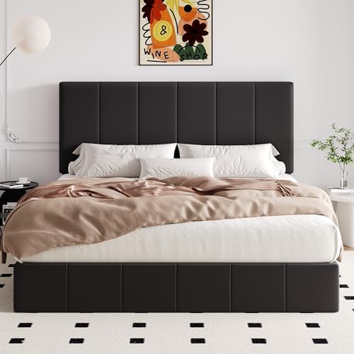 Image of Allewie King Size Velvet Lift Up Hydrualic Storage Bed Frame, Black