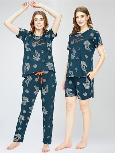 Image of ZEYO Night Suit for Women's Cheetah & Floral Printed Cotton Night Dress of Top,Pajama & Short's 3Pc'S Set 5733
