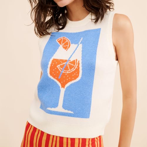 Women Y2k Graphic Sweater Vest Contrast Color Sleeveless Lobster Sweater Top Cute Crew Neck Knitted Tank Top3