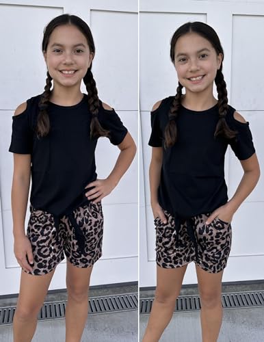 Image of Arshiner Girls Short Sets 2 Pieces Outfits Short Sleeve Tie Knot T-Shirts and Casual Shorts With Pockets Cute Clothes Sets