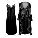 Plus Size Black Satin Robe & Nightgown 2pc Set with Black Lace Trim