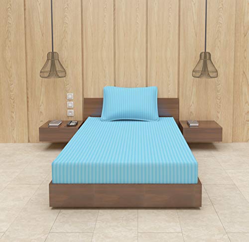 Image of BEVI - Home Premium Self Striped Single Bedsheet with 1 Pillow Cover 300 TC Ultra-Soft 300 TC Microfiber Bed Sheet| Size (60 inch x 90 inch) Light Blue