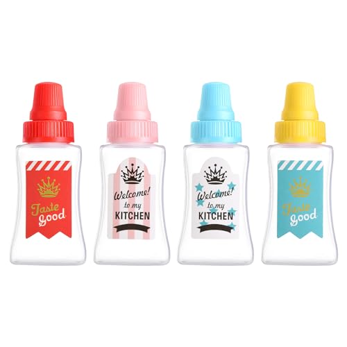 Jspupifip 4 Pcs Mini Ketchup Bottles with Sturdy Screw Cap,23 ml Mini Condiment Squeeze Bottles Portable Honey Soy Sauce Salad Dressing Dispensers Containers for Kids Adults Lunch Box