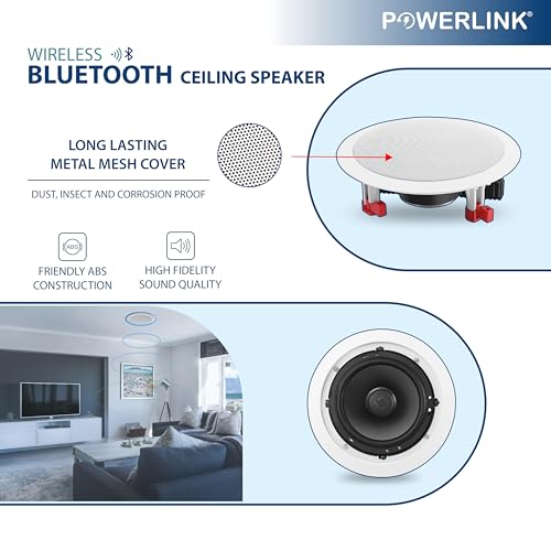 Image of Powerlink 9inch Bluetooth Flush Mount in-Ceiling 2-Way Speaker System Quick Connections Polypropylene Cone & Polymer Tweeter Stereo Sound 60Watt (30W Each) for Office, Gym, Home Theater (Pack of 2)
