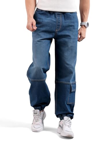 Image of The Indian Garage Co Men Loose Fit Solid Mid-Rise Stretchable Denim Joggers