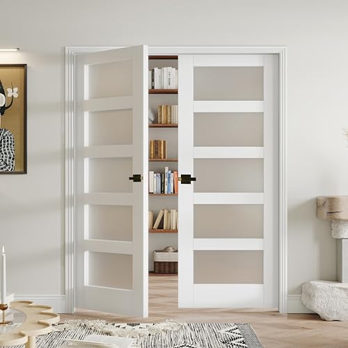 Image of 32 inch x 80 inch Interior Door, 5-Lite Frosted Glass Pantry Door with Black Door Lever, Single Slab Door Panel for Closet & Bedroom, Classic Style as Prehung, Pocket, Bifold Doors, Assembly Required