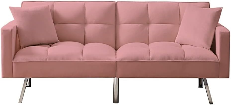 Futon Sofa Bed with 5 Golden Metal Legs, Sleeper Couch with Two Pillows, Loveseat for Living Room and Bedroom