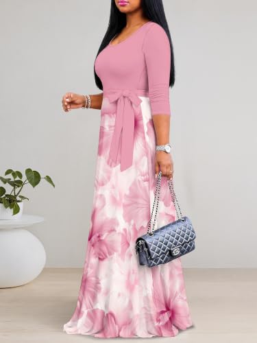 Image of PinkPatty Plus Size Maxi Dress for Women Casual V Neck 3 /4 Sleeve Boho Printed Long Dress with Pockets