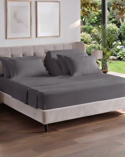 Image of Flex Top Split Head King 6 Piece Sheet Set - Soft & Cooling - Dark Grey | Ultra Soft Hotel Luxury Bedding Set w / 8-16 Inch Deep Pockets, 1 Flat & 1 Split-Head Fitted Sheet & 4 Pillowcases, Fade Free