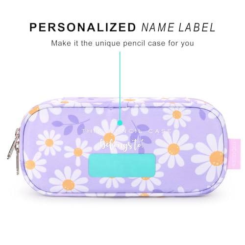 Image of mibasies Girls Pencil Case for Kids, Multi-Slot Pencil Pouch, Daisy Purple