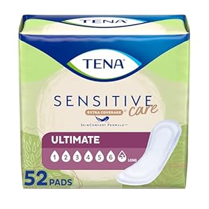 TENA Incontinence Pads, Bladder Control & Postpartum for Women, Ultimate Absorbency, Long Length, Sensitive Care – 52 Count
