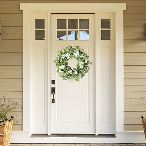Ynylchmx 18" Summer Spring Eucalyptus Wreath For Front Door With White Flowers, Grapevines & Green Eucalyptus Leaves, Artificial Floral Wreath For Wall Window Farmhouse #TOP3