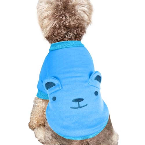 Image of Blue Cute Dog Sweater Soft Winter Clothes for Small Dogs, M | Classic Blue Knit Pullover, Fall Winter Outfit, Elastic Cuffs, Holiday Party Matching, Machine Washable Sweatshirt for Pets