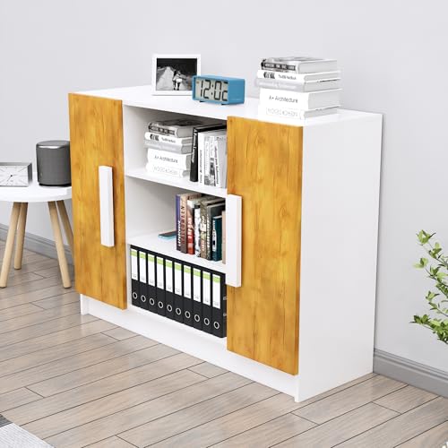 Image of Bniture Storage Cabinet Wooden Sideboard for Living Room with 3 Shelf & 2 Door Multipurpose Book Shelf Storage Organizer Cabinet for Office Home Hallway Drawing Room Bedroom |Frosty White & Giant Wood