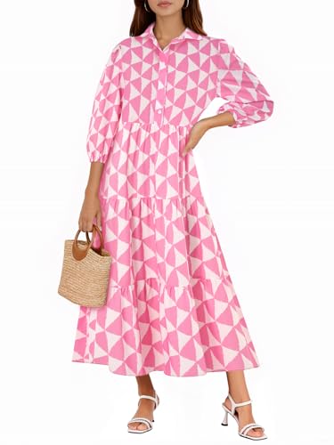 Image of Wenrine Womens Casual 3 /4 Sleeve Shirt Dress Button Down V Neck Tiered Collared Flowy Maxi Dress