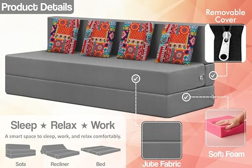 Image of Rosebell Four Seater Foldable Sofa Cum Bed (6x6 Feet) ? Jute Fabric, Washable Removable Cover, Includes Cushion | Space Saving Convertible Sofa Bed for Home, Office & Guests - Grey