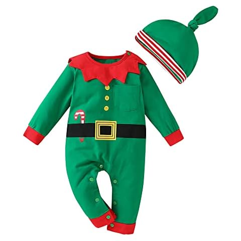 LIKPOJA Newborn Baby First Christmas Elf Outfit One-Pieces Baby Christmas Dress Up Santa Costume with Elf Hat for Toddler Baby Girls and Baby Boys(Green Elf Romper J,3-6 Months) Cover