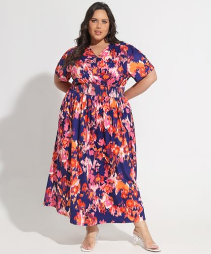 Image of CARCOS Plus Size Dresses for Curvy Women V Neck Summer Maxi Dress Short Sleeve Floral Boho Dress Smocked Waist Beach Dress
