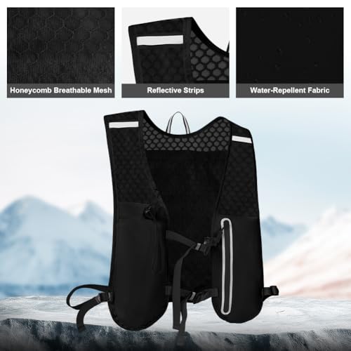Alaoo Laufweste Damen und Herren, Multifunktionale Ultrleicht Fahrradrucksack mit 1 Trinkflasche 500 ml, Verstellbare Brustgurte, Runing Vest Reflektierend für Laufen, Camping, Wandern usw. (Schwarz)