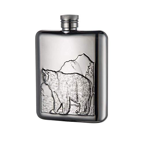Image of Hip Flask with Funnel, All 18 /8 304 Food Grade Stainless Steel Curved Pocket Flask for Liquor | 6 OZ Capacity | Gift Boxed (Bear)