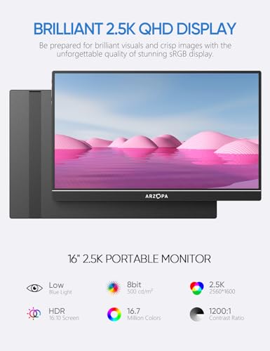 Image of ARZOPA 16 inch 2.5K Portable Monitor, 2560x1600 QHD IPS Display 123% sRGB with Built-in Stand USB-C HDMI Eye Care External Second Screen for Mac Laptop Phone PS4 /5 Xbox Switch -Z1RC