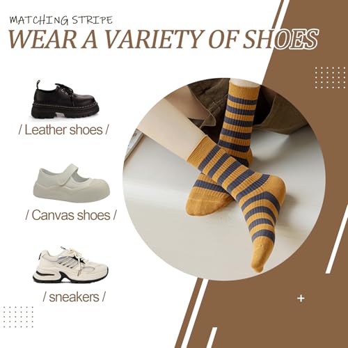 Image of 5 Pairs Vintage Style Colorful Striped Socks for Women, Cute Athletic Crew Socks