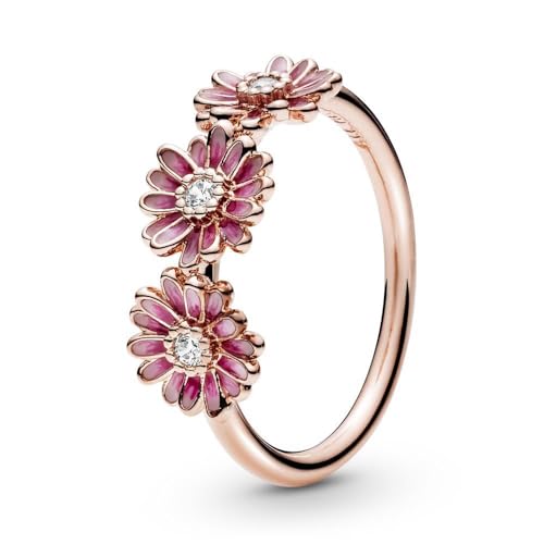 PANDORA Garden Anello con trio di margherite rosa placcato in oro rosa 14 k con zirconi cubici trasparenti e smalto rosa sfumato, 50