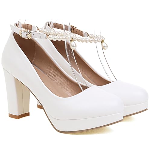 Women's Chunky High Heels Pearls Ankle Strap Pumps Shoes Round Toe Platform Elegant Mary Jane Dress Shoe2