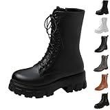 Stiefel für Damen, wasserdicht, für Damen, Stiefeletten, Motorradarbeit, Schnürung, Plateau, Leder, Wanderschuhe, Motorradstiefel, 01 black, 39 EU