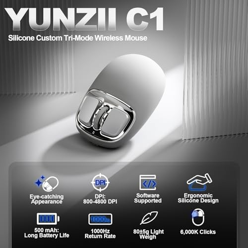 Image of YUNZll C1 Silicone Wireless Mouse | 6-Level DPI,Up to 4800,Optical Tracking,500mAh 2.4G /USB-C /BT,Custom Mice for Laptop, Computer, iPad, MacBook (Gray Silver)
