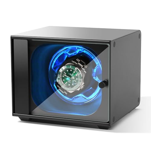 Cevale Watch Winder, Aluminum Single Automatic Watch Winder with Ultra Quiet Motor(?0dB), 4 Rotation Modes,Blue LED, Side Open Glass Door, Gift for Rolex Watch Lover