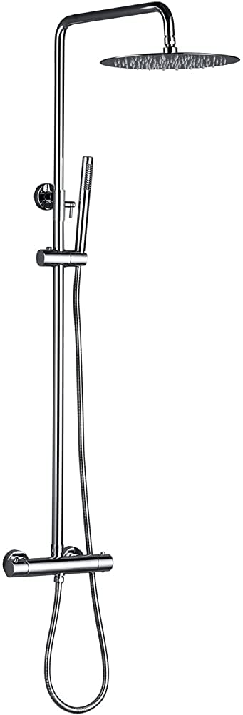 OZBMA Thermostatic Shower Mixer Set, Multi-Function Wall Mount Exposed Column Bathroom Faucet with Diverter Rain Head, Solid Brass suit Set Head and Ho (Chrome 10 inch)
