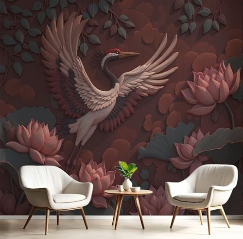 Art Papel Tapiz Fotográfico Loto 3D Grulla Papel Pintado Fotomurales Rojo Burdeos 300X210Cm Pared Cuarto Póster Escultura De Madera Japonesa Mural Para Salón Dormitorio Infantil Decoración