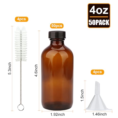 Maredash 4oz Amber Glass Bottles, Boston Round Glass Bottles (50 Pack) with Leak-proof Caps, Refillable Container for Homemade Vanilla Extract, Essential Oils, Herbal Medicine and More