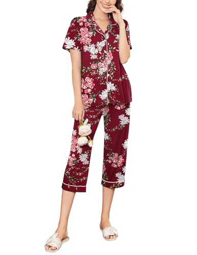 Image of Ekouaer Capri Pajamas for Women Short Sleeve Button Down Sleepwear Comfy Lounge Set 2-Piece Pants Pjs | Capri Pants With Pockets,Chest Pocket,Notch Collar,Contrast Pipings,Sleepwear For Home Loungwear,Wedding,Party&Breastfeeding